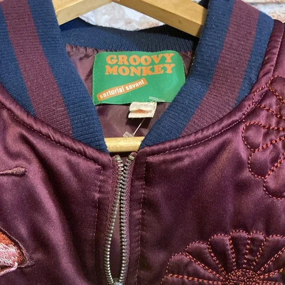 Max Studio Groovy Monkey Embroidered Bomber Jacket Sz Med - Picture 5 of 15